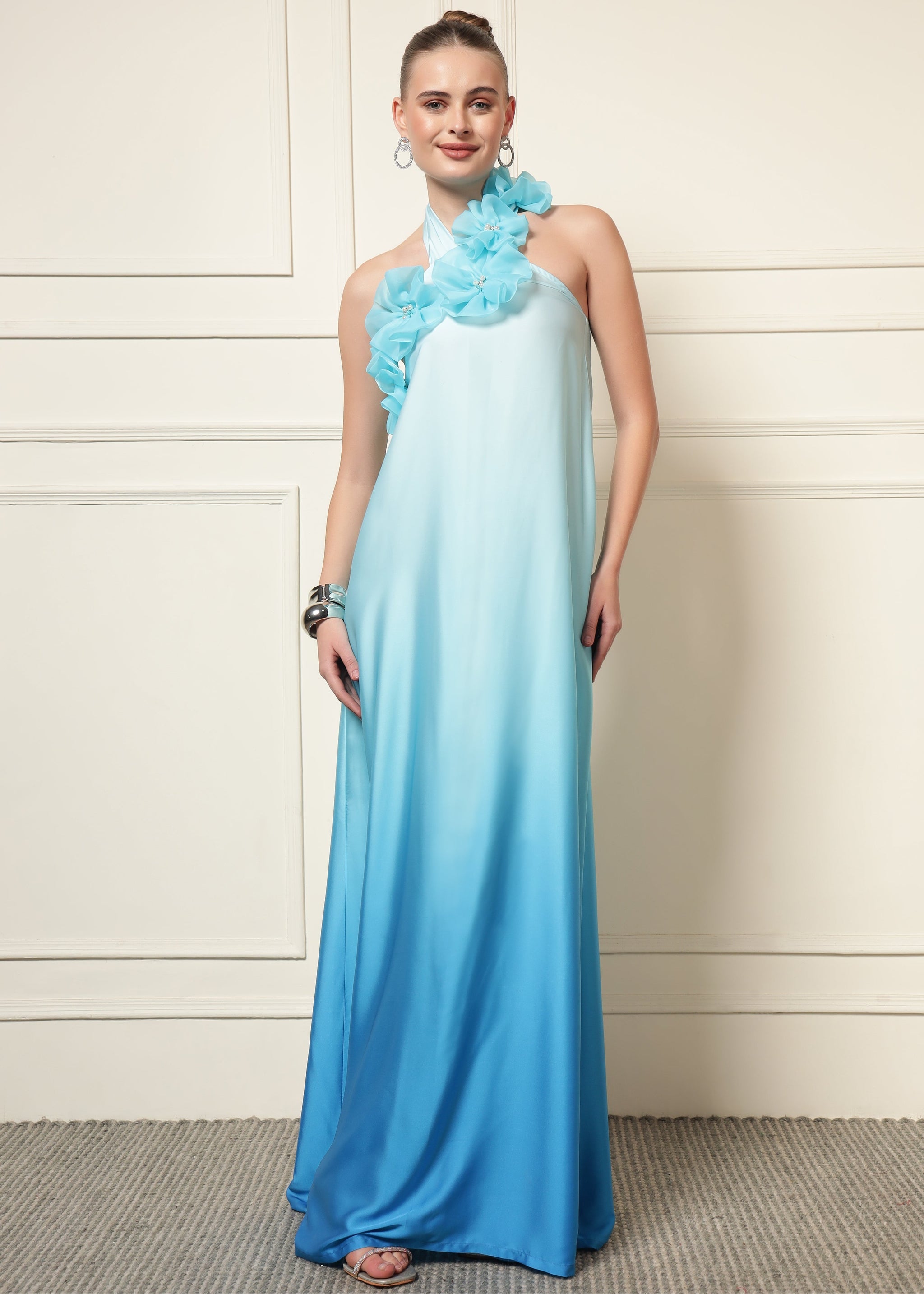BLUE OMBRE FLOWER PATCH MAXI DRESS | De Novoo at Broadway