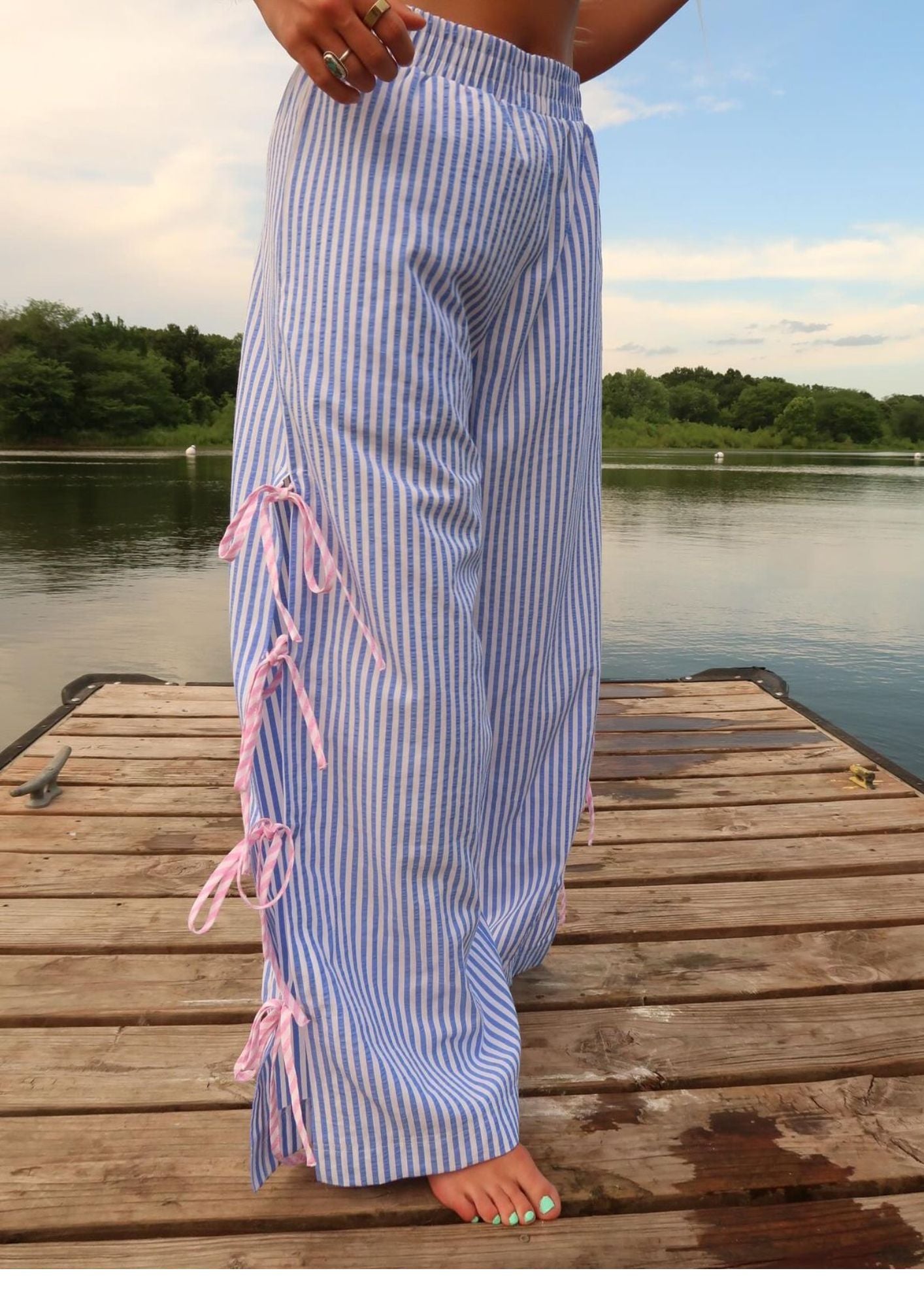 BLUE STRIPED SLIT TIE KNOT PANTS | De Novoo at Broadway