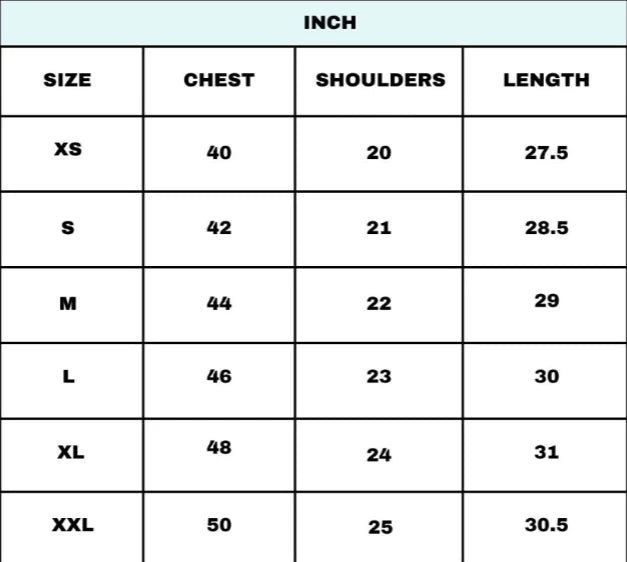 Size Chart for Rust 2.0 T-shirt
