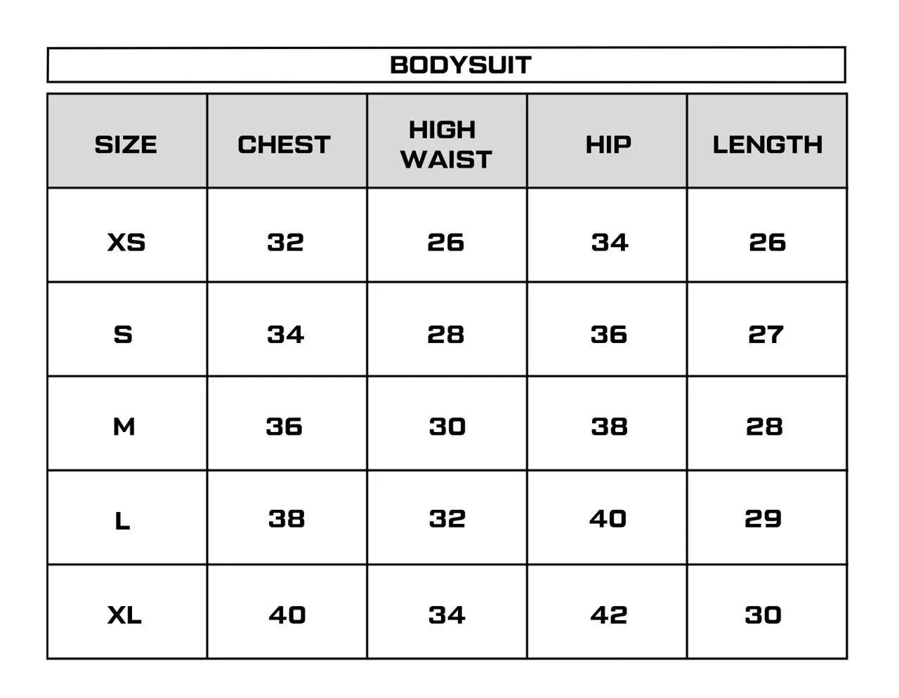 Size Chart for GREY SUBLIME BODYSUIT