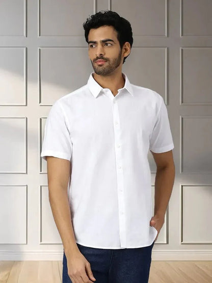 White Solid Half-Sleeves Shirt