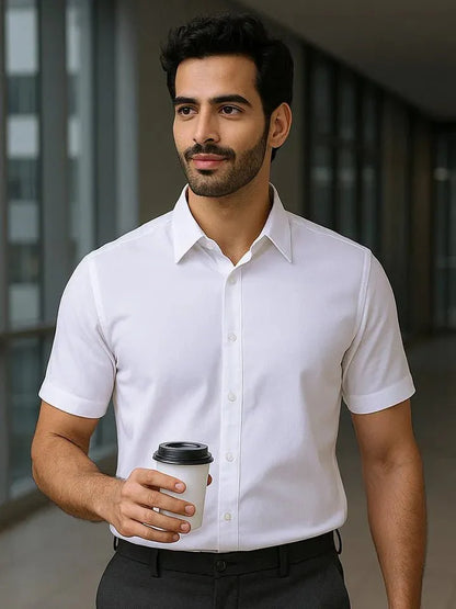 White Solid Half-Sleeves Shirt