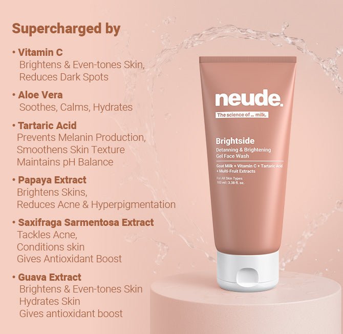 Brightside - Skin Brightening and Detanning Gel Face Wash with Goat Milk, Vitamin C & Tartaric Acid (30% off) - Neude Skin