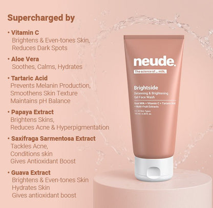 Brightside - Skin Brightening and Detanning Gel Face Wash with Goat Milk, Vitamin C & Tartaric Acid (30% off) - Neude Skin