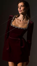 CAMILLE VELVET SQUARE EMBROIDERED NECK DRESS | De Novoo at Broadway