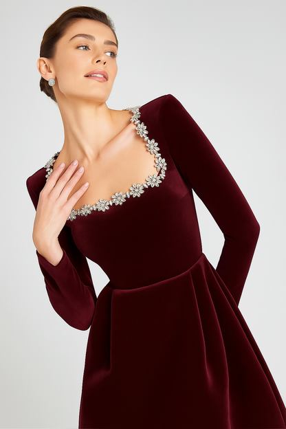 CAMILLE VELVET SQUARE EMBROIDERED NECK DRESS | De Novoo at Broadway