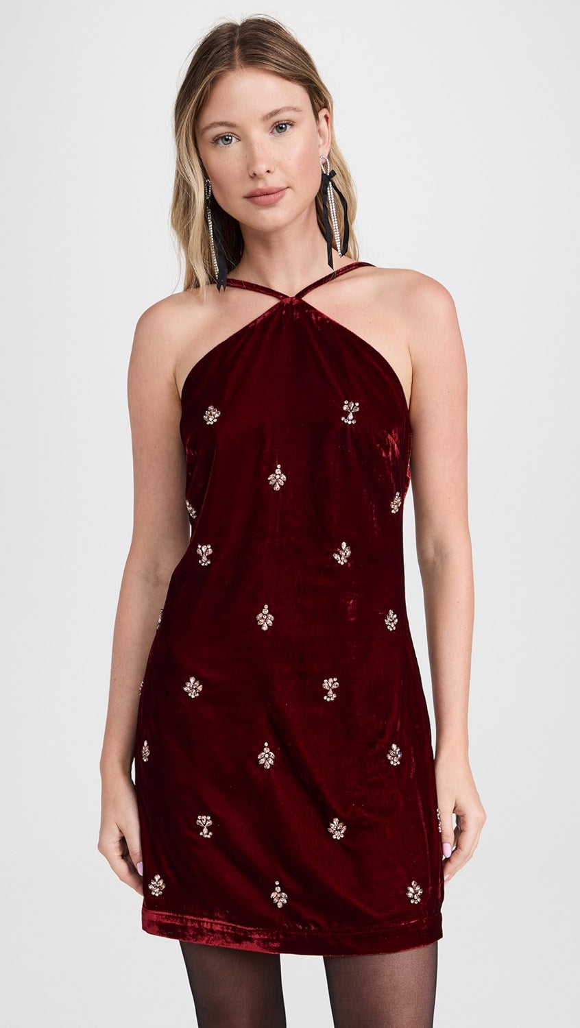 CHERRY VELVET EMBROIDERED DRESS | De Novoo at Broadway