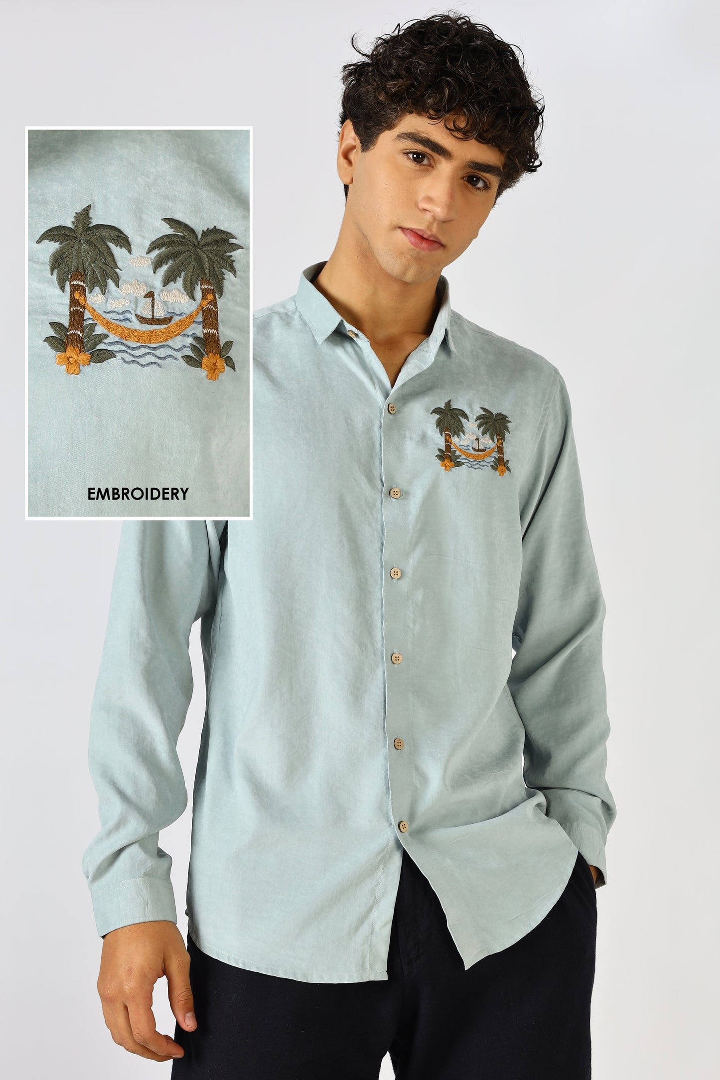 Palm Retreat Cotton Regular Fit Sky blue Embroidered Shirt | Hamptons at Broadway