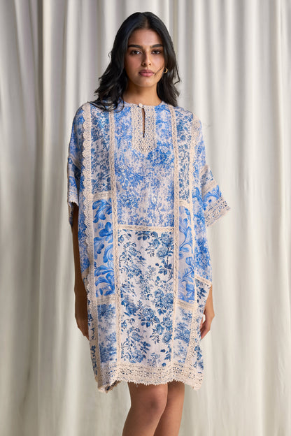 SILK-LINEN PORCELAIN PRINT PATCHWORK DRESS