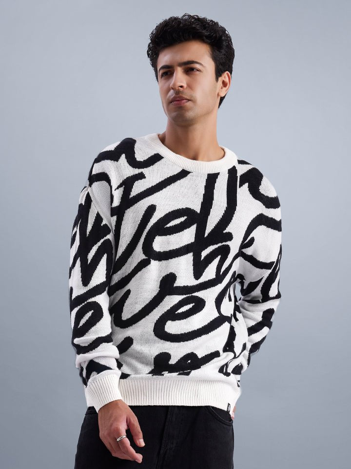 Cascade White & Black Abstract Jacquard Sweater