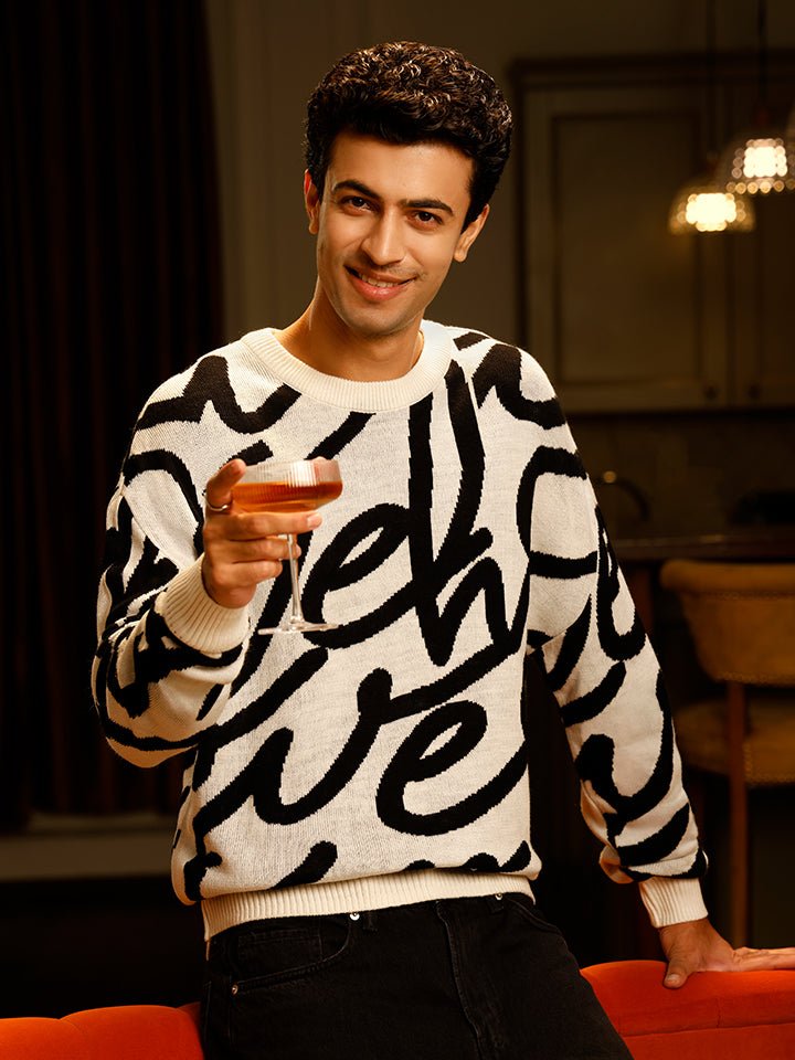 Cascade White & Black Abstract Jacquard Sweater