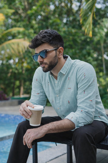 Aqua Beach Motif Cotton Regular Fit Sky Blue Embroidered Shirt | Hamptons at Broadway