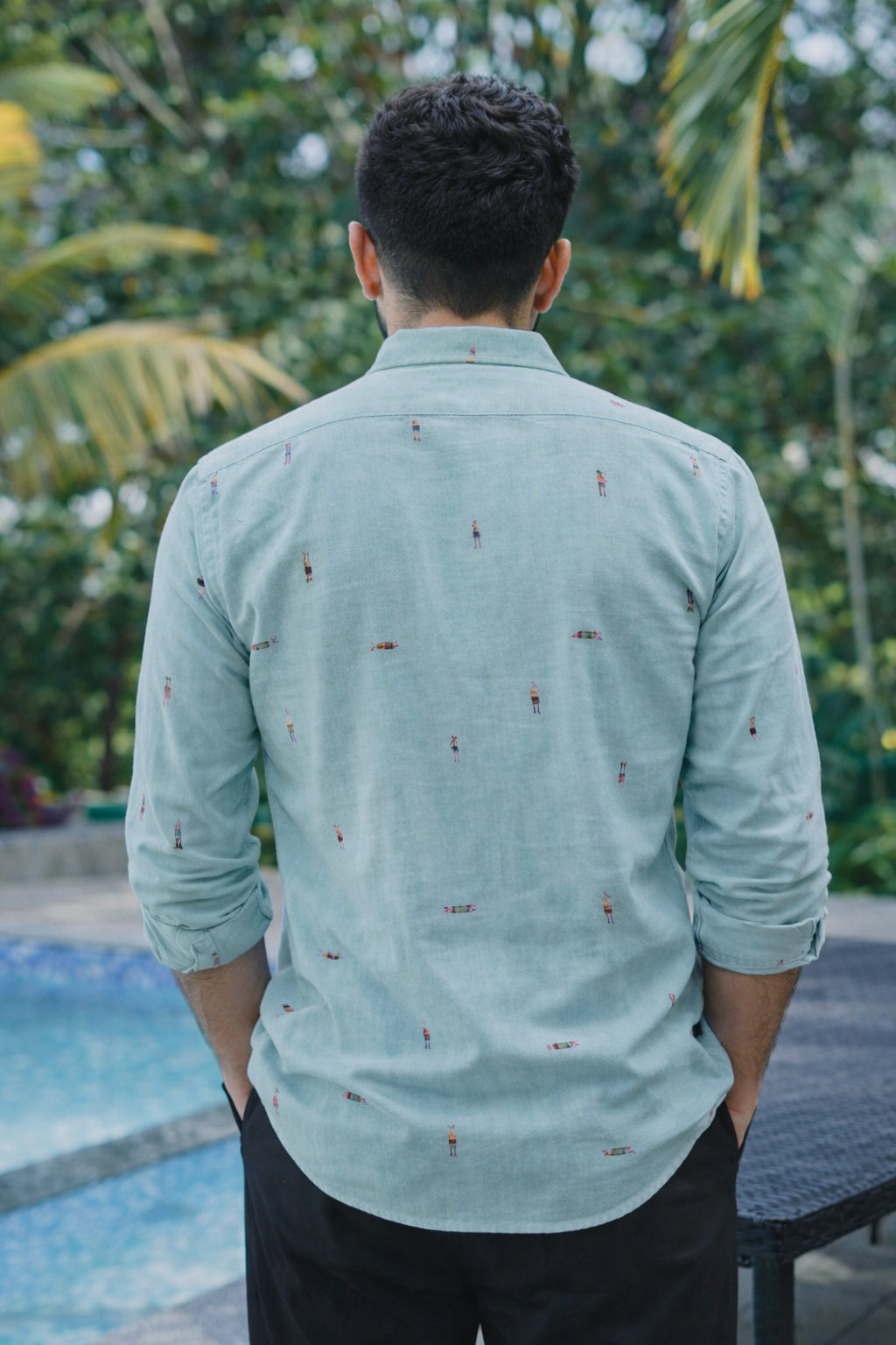 Aqua Beach Motif Cotton Regular Fit Sky Blue Embroidered Shirt | Hamptons at Broadway