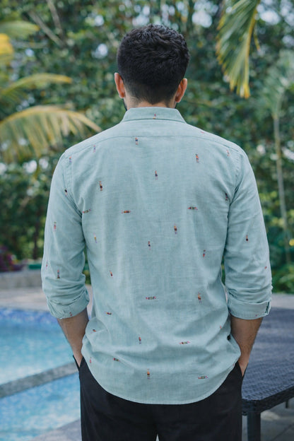 Aqua Beach Motif Cotton Regular Fit Sky Blue Embroidered Shirt | Hamptons at Broadway