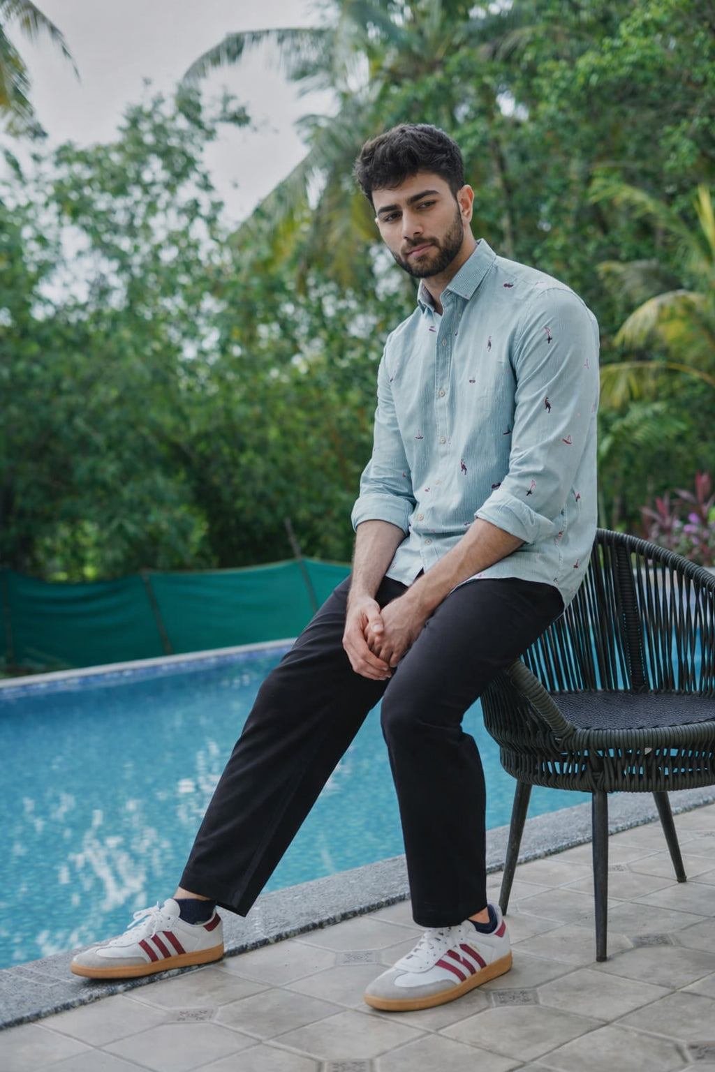 Aqua Beach Motif Cotton Regular Fit Sky Blue Embroidered Shirt | Hamptons at Broadway