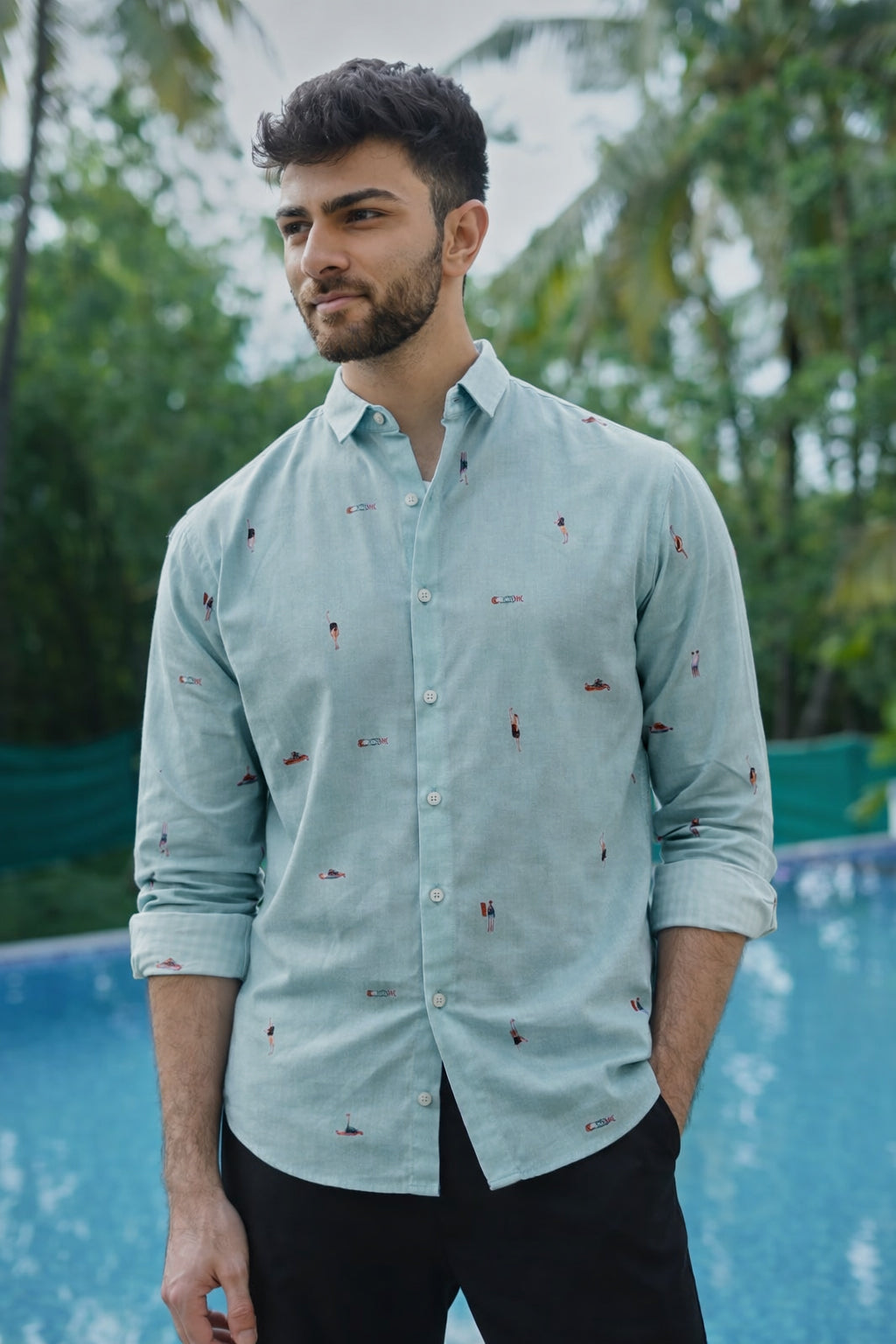 Aqua Beach Motif Cotton Regular Fit Sky Blue Embroidered Shirt | Hamptons at Broadway