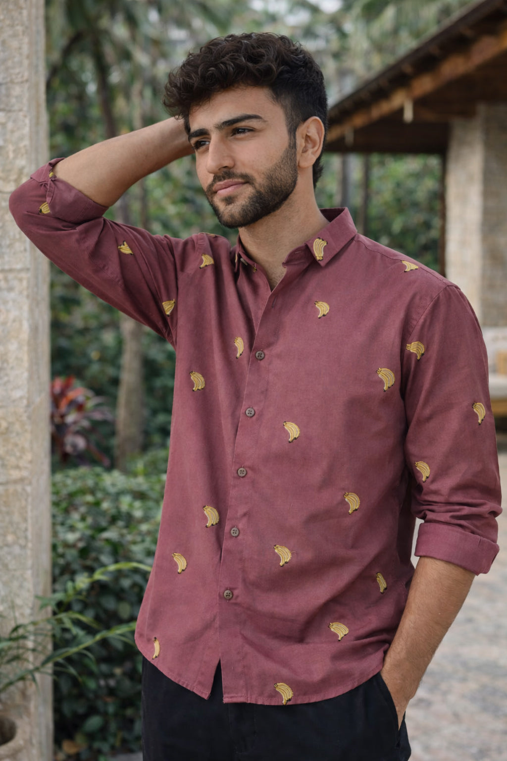 Berry Banana Motif Cotton Regular Fit Pink Embroidered Shirt | Hamptons at Broadway