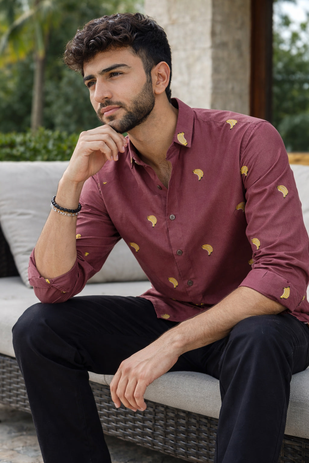 Berry Banana Motif Cotton Regular Fit Pink Embroidered Shirt | Hamptons at Broadway