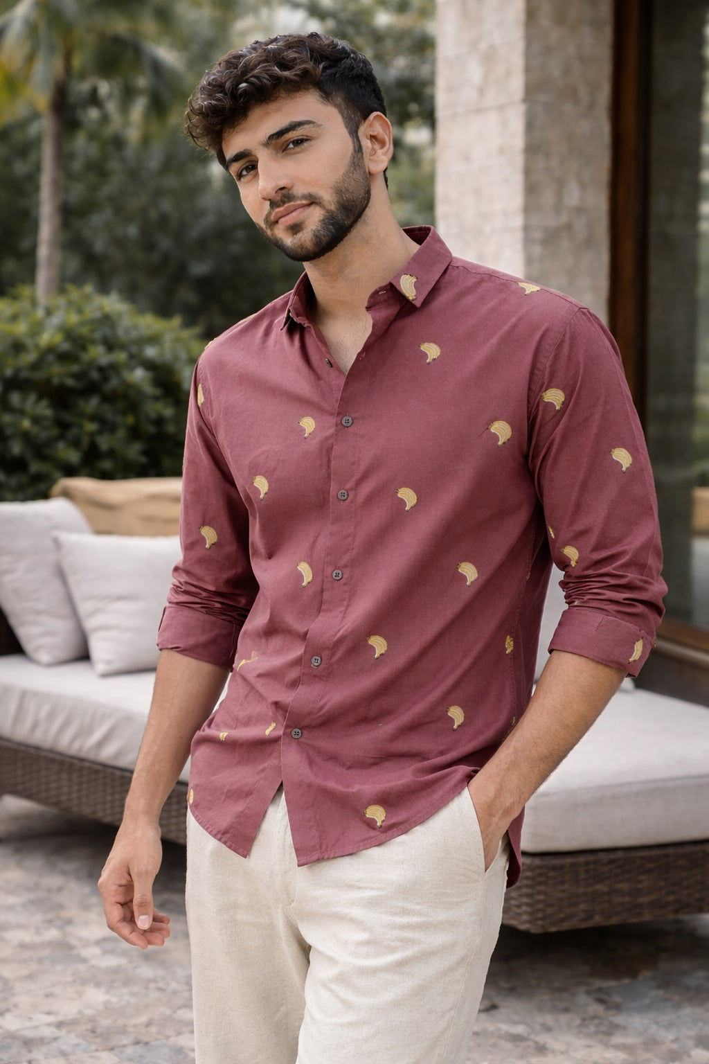 Berry Banana Motif Cotton Regular Fit Pink Embroidered Shirt | Hamptons at Broadway