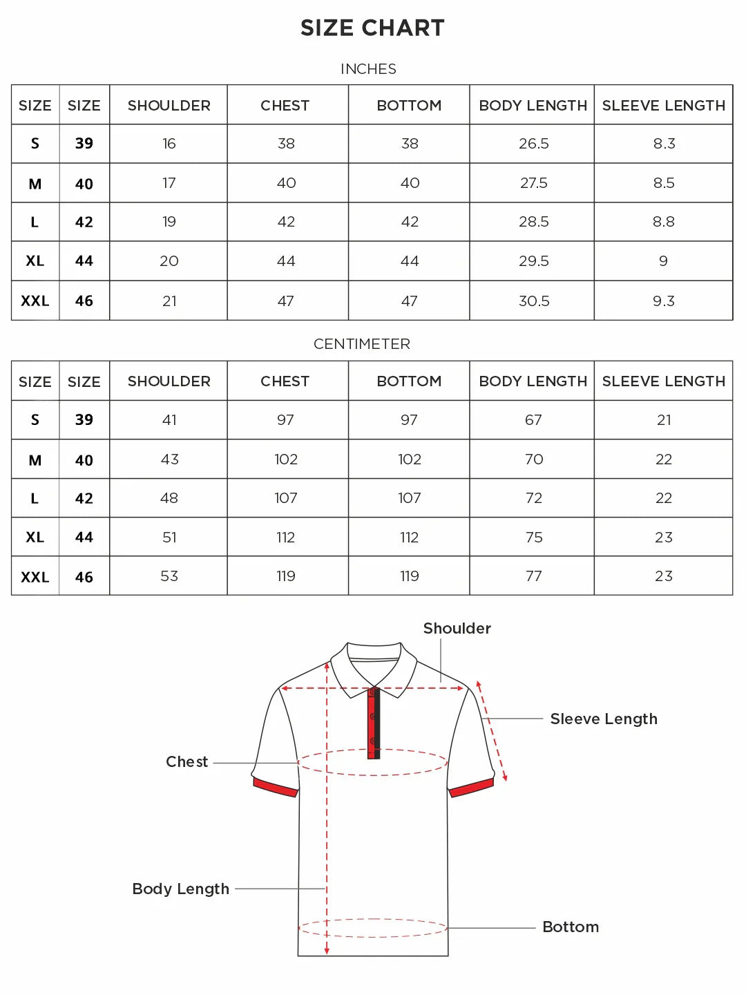 Size Chart for White Striped Polo T-shirt