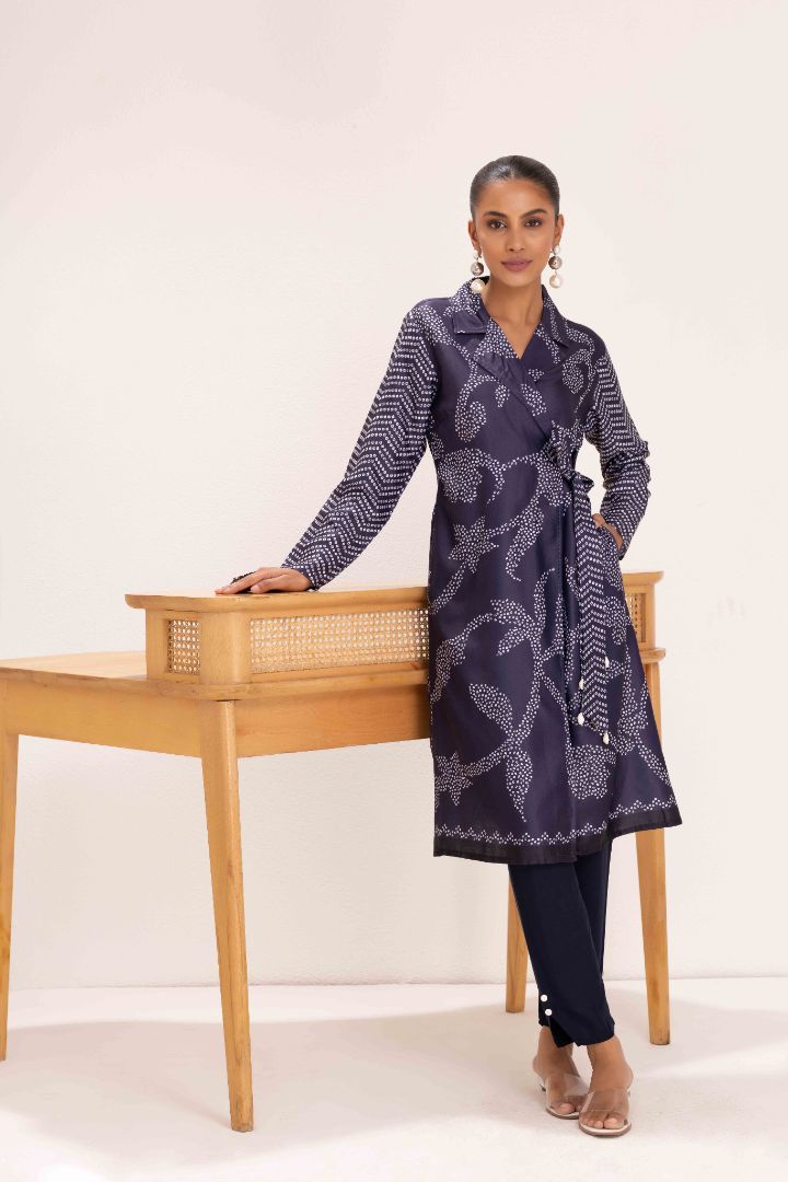 NAVY PRINTED TRENCH STYLE TUNIC SET