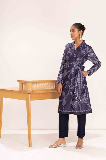 NAVY PRINTED TRENCH STYLE TUNIC SET