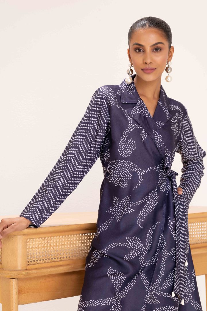 NAVY PRINTED TRENCH STYLE TUNIC SET