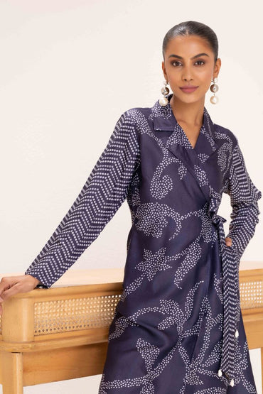 NAVY PRINTED TRENCH STYLE TUNIC SET