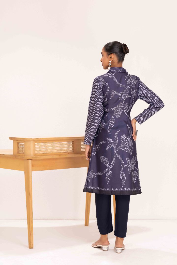 NAVY PRINTED TRENCH STYLE TUNIC SET
