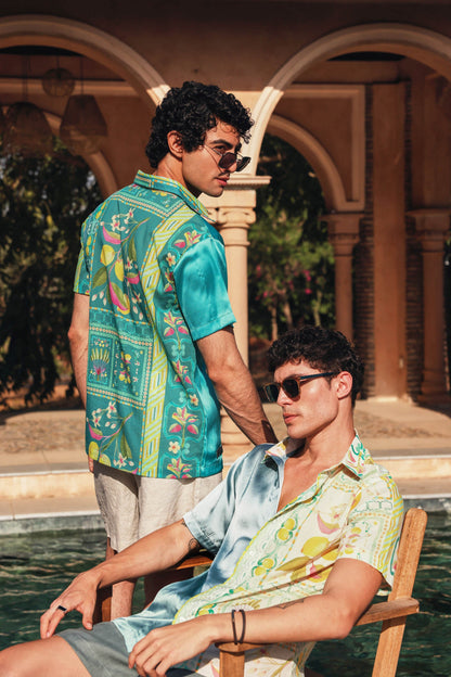 Printed Mul Satin Shirt Blue | PrimalGray at Broadway