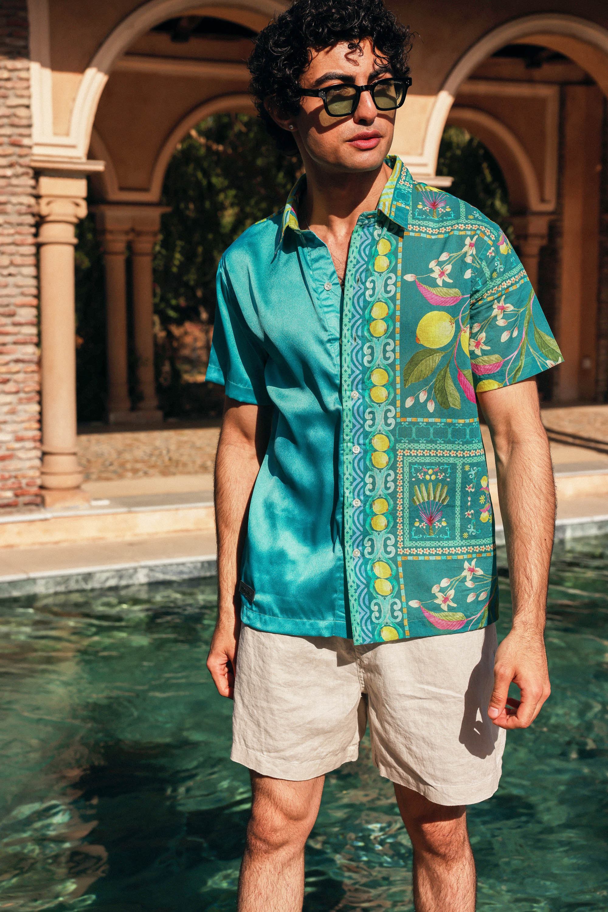 Printed Mul Satin Shirt Blue | PrimalGray at Broadway