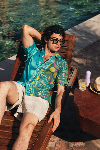 Printed Mul Satin Shirt Blue | PrimalGray at Broadway