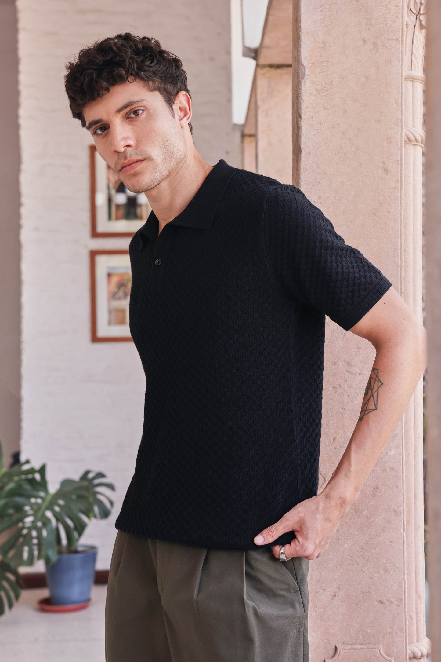 Signature Pointelle Polo Cotton T-shirt | PrimalGray at Broadway