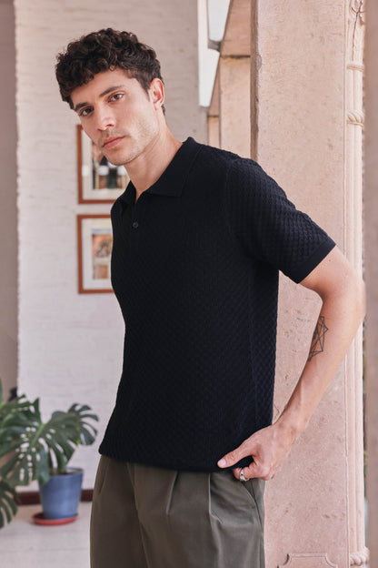 Signature Pointelle Polo Cotton T-shirt | PrimalGray at Broadway