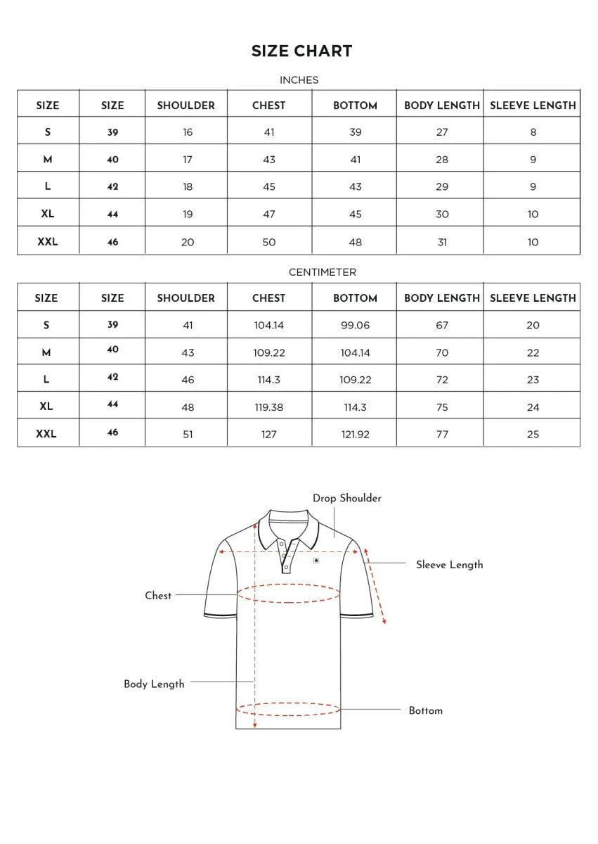 Size Chart for White Tipped Collar Polo T-Shirt