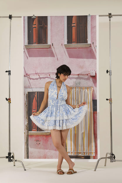 Floral Halter Neck Dress With Lace Detail