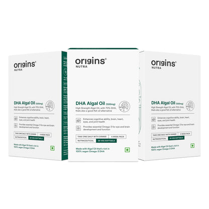 Origins Nutra DHA Algal Oil |Plant-Based High Strength 70% Omega 3 DHA, Improves Memory, Brain & Eye Health | Plant Based |GMP Certified | Non-GMO |For Men & Women | 28 Softgels. | Origins Nutra at Broadway