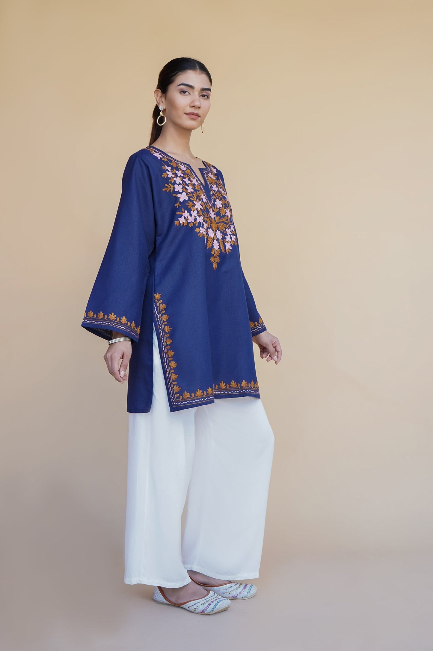 Asna in Kashmiri Aari Work Cotton Short Kurta – Navy Blue