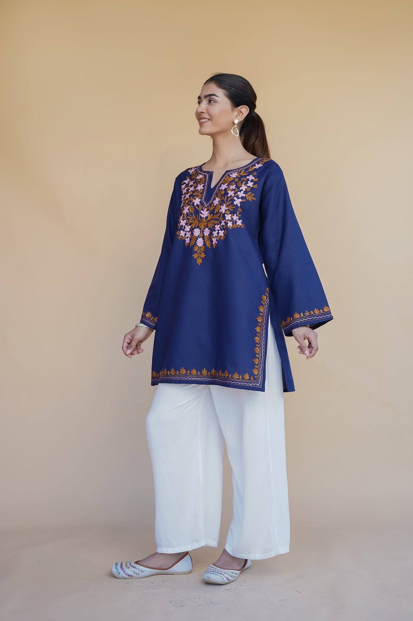 Asna in Kashmiri Aari Work Cotton Short Kurta – Navy Blue