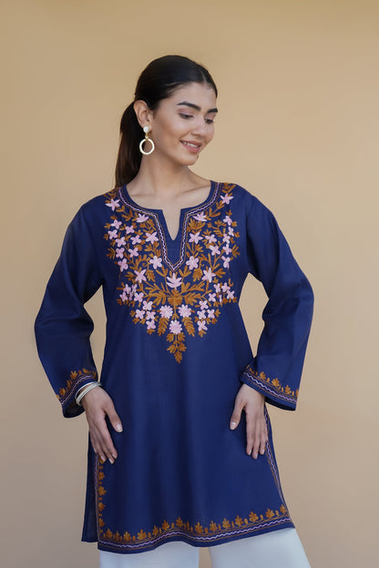 Asna in Kashmiri Aari Work Cotton Short Kurta – Navy Blue