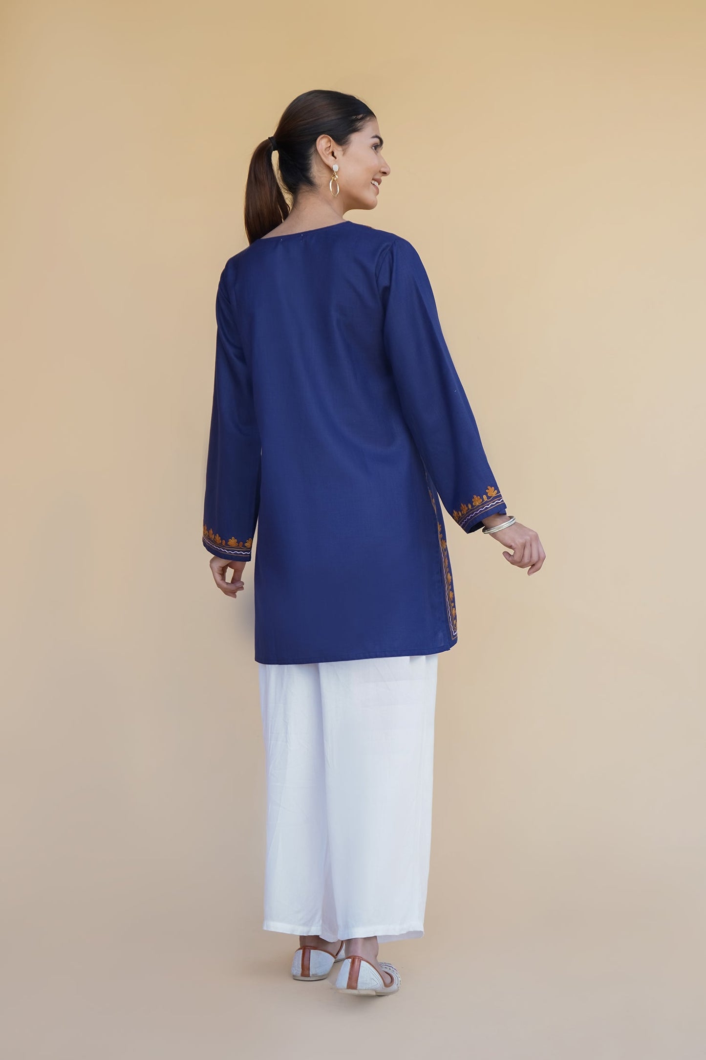 Asna in Kashmiri Aari Work Cotton Short Kurta – Navy Blue