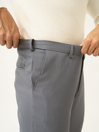 Ash Grey Stripes Slim Fit Stretch Formal Pants