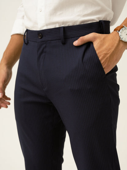 Dark Navy Stripes Slim Fit Formal Stretch Pants
