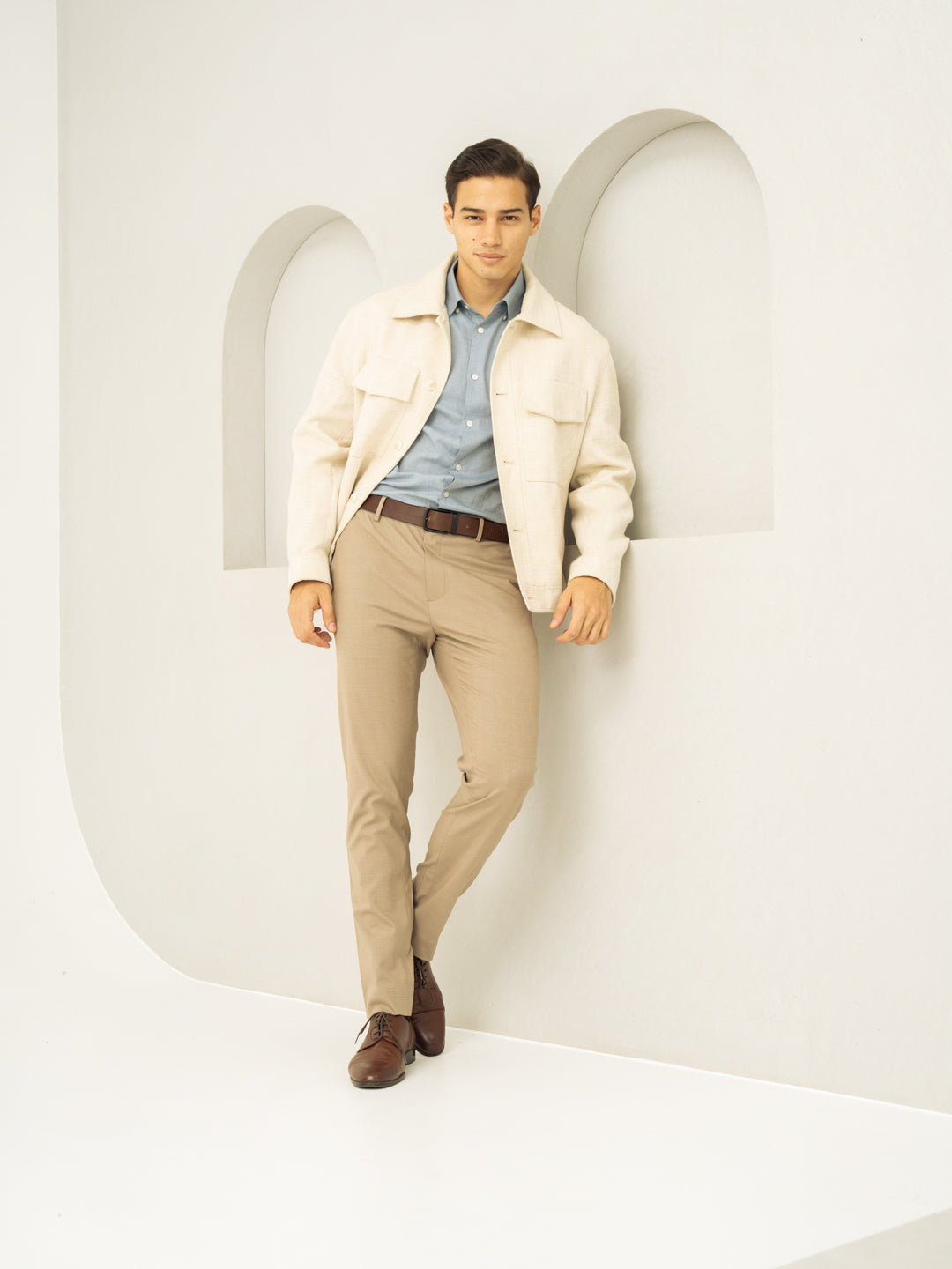 Sand Beige Checks Formal Slim Fit Stretch Pants