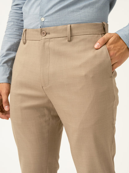Sand Beige Checks Formal Slim Fit Stretch Pants