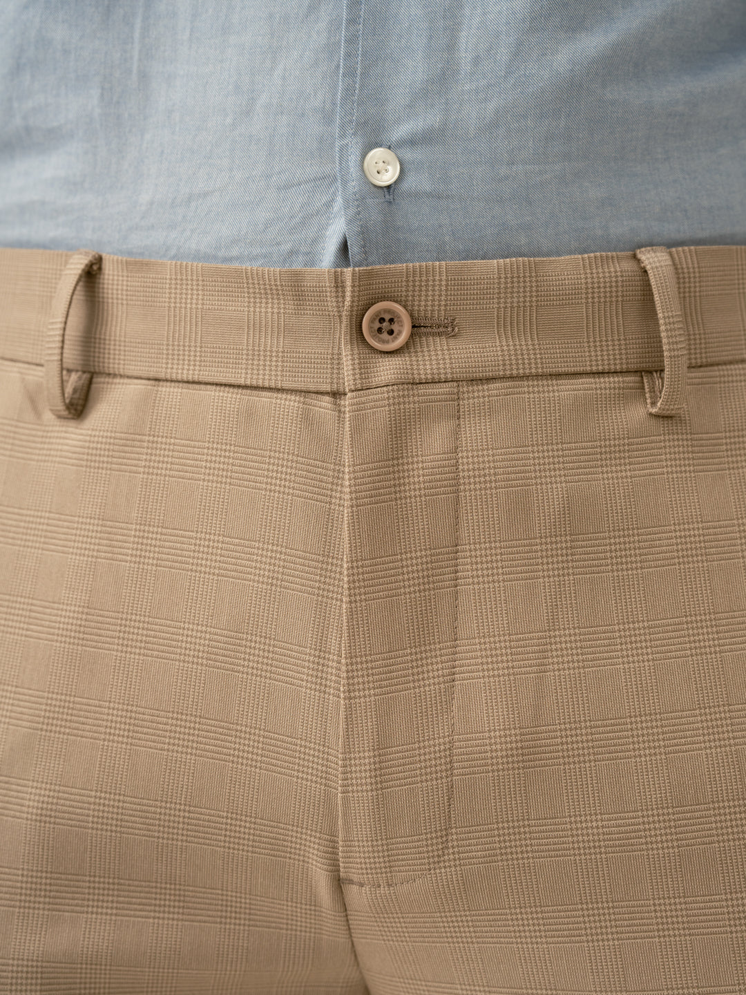 Sand Beige Checks Formal Slim Fit Stretch Pants