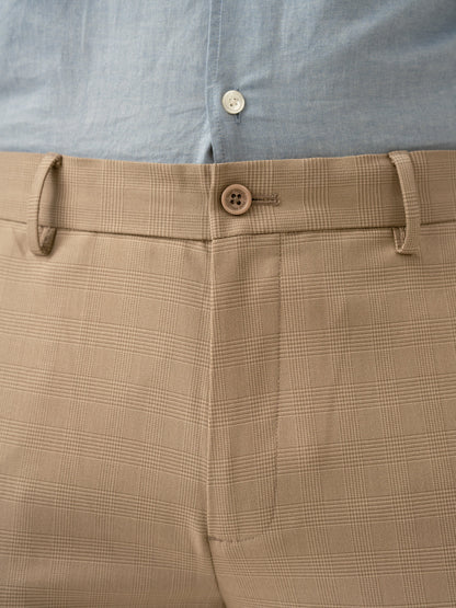 Sand Beige Checks Formal Slim Fit Stretch Pants