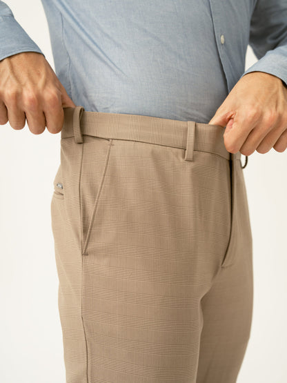 Sand Beige Checks Formal Slim Fit Stretch Pants