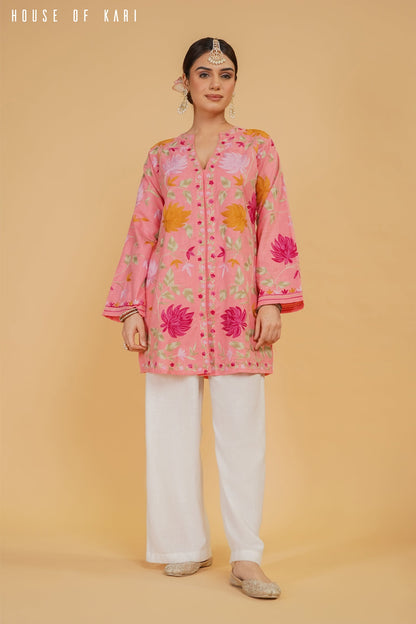 Haania in Kashmiri Aari Work Cotton Kurta Jacket – Pink