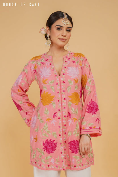 Haania in Kashmiri Aari Work Cotton Kurta Jacket – Pink